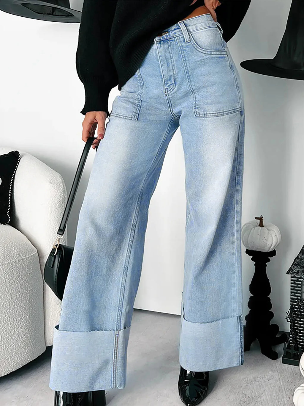 High-Waisted Wide-Leg Jeans with Cuffed Hem