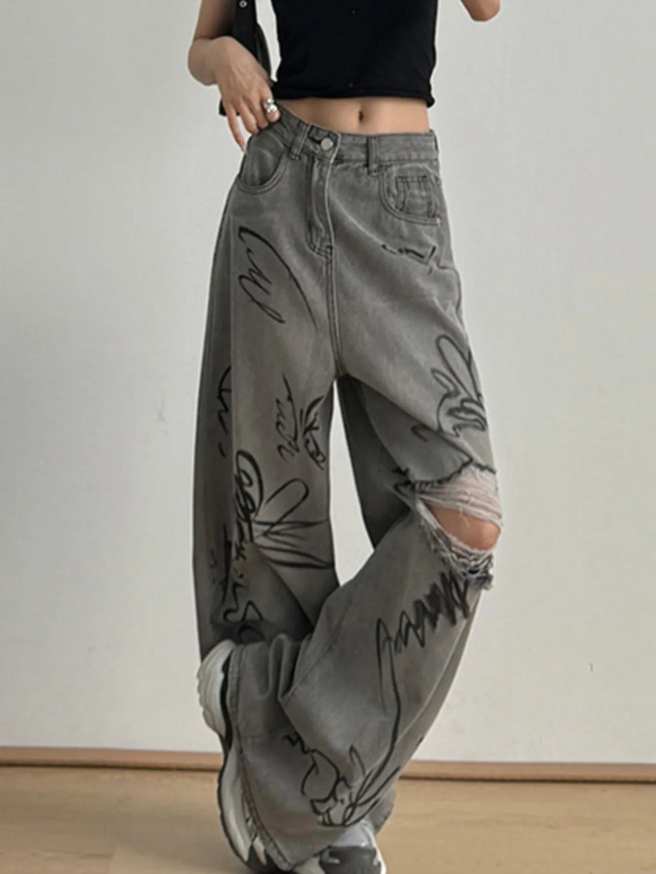 Printed Distressed Wide Leg Jeans