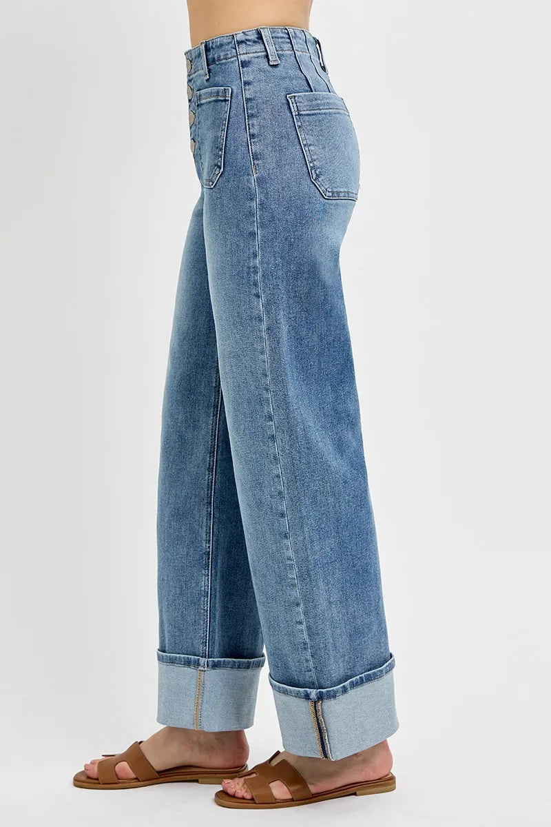 RISEN High Rise Ankle Wide Button Patch Pocket Cuffed Jeans