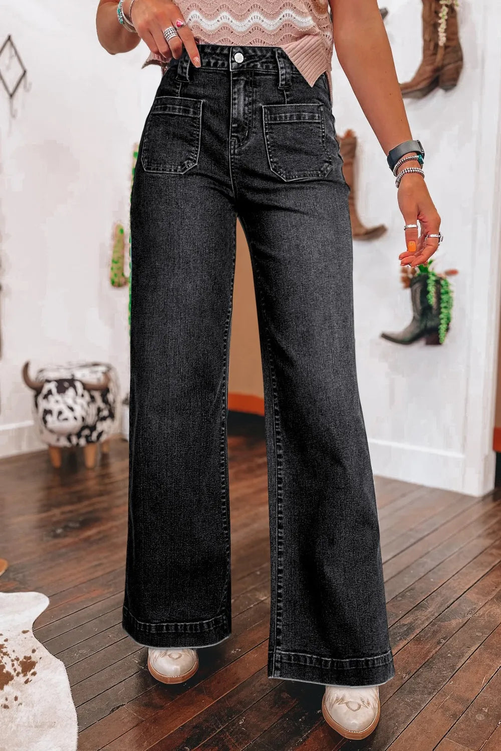Wide Leg Pocketed High Waist Jeans