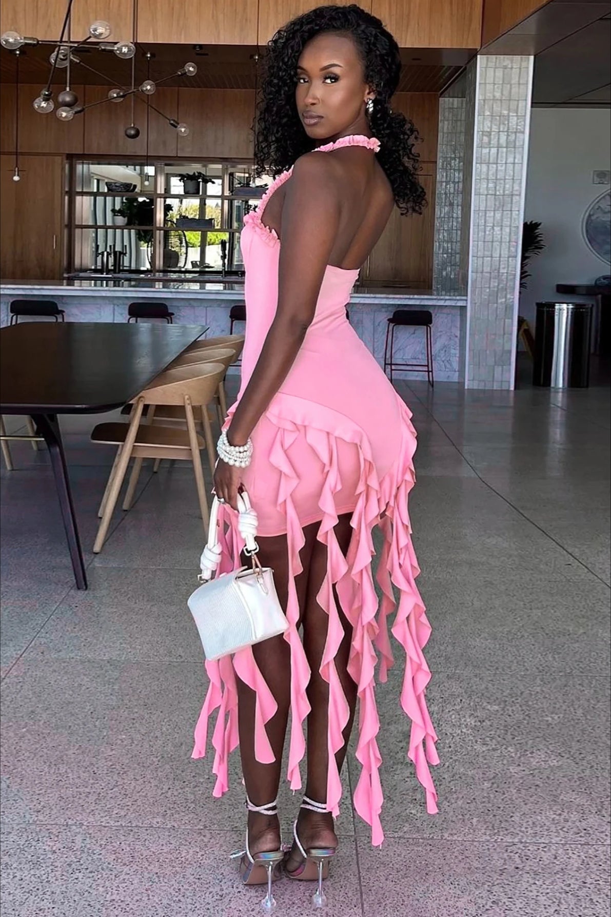 Halter Ruffle Patchwork Mini Dress