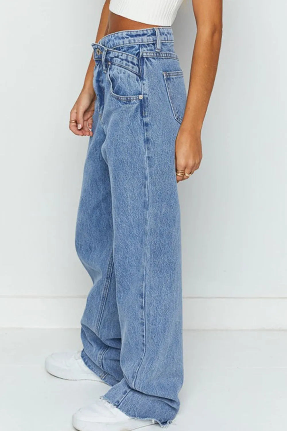 Mid Rise Asymmetrical Waist Wide Leg Jeans