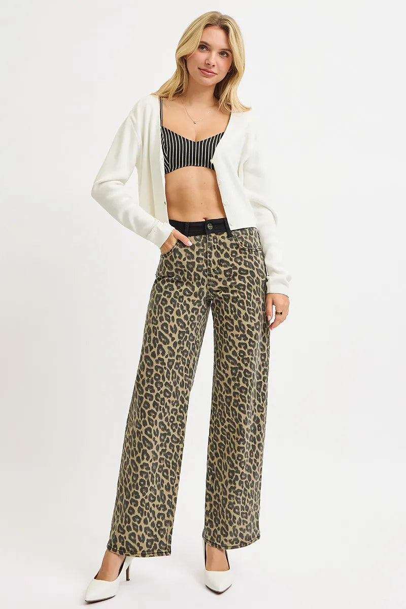 RISEN High Rise Wide Leg Leopard Printed Jeans with Contrast Waist Band Detail