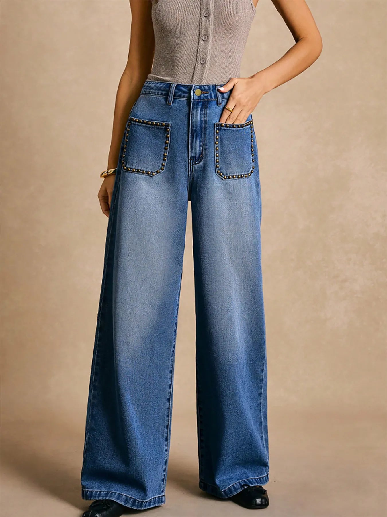 High-Waisted Wide-Leg Pocket Jeans