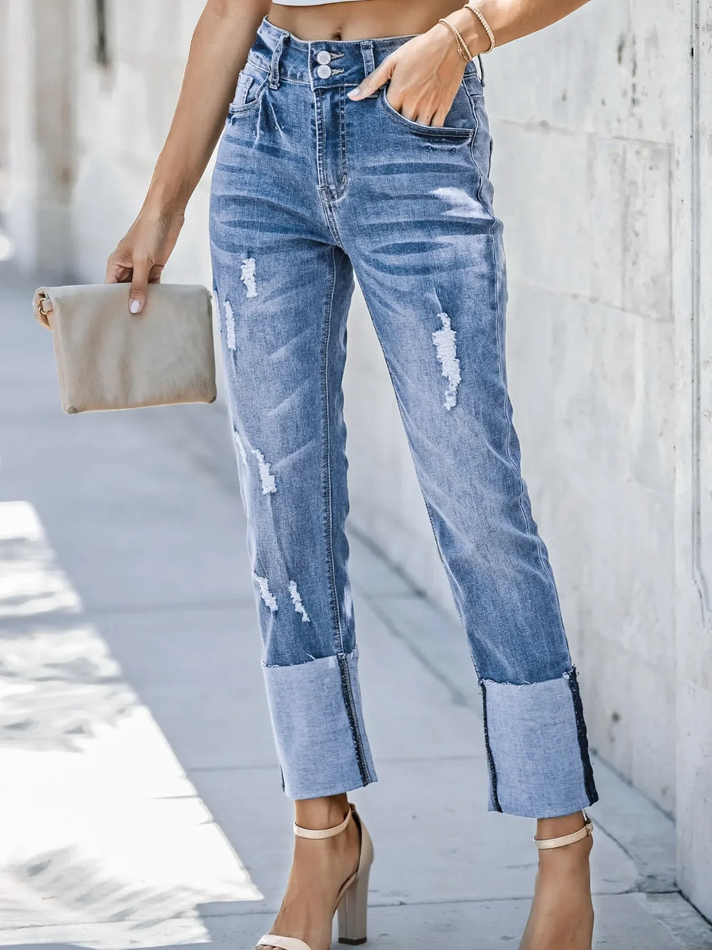High Waist Distressed Straight Leg Jeans