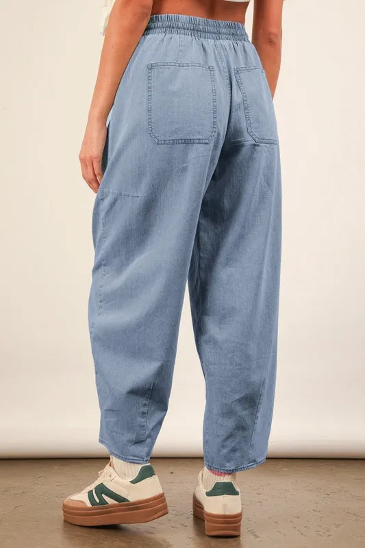VERY J Washed Chambray Barrel Denim Pants