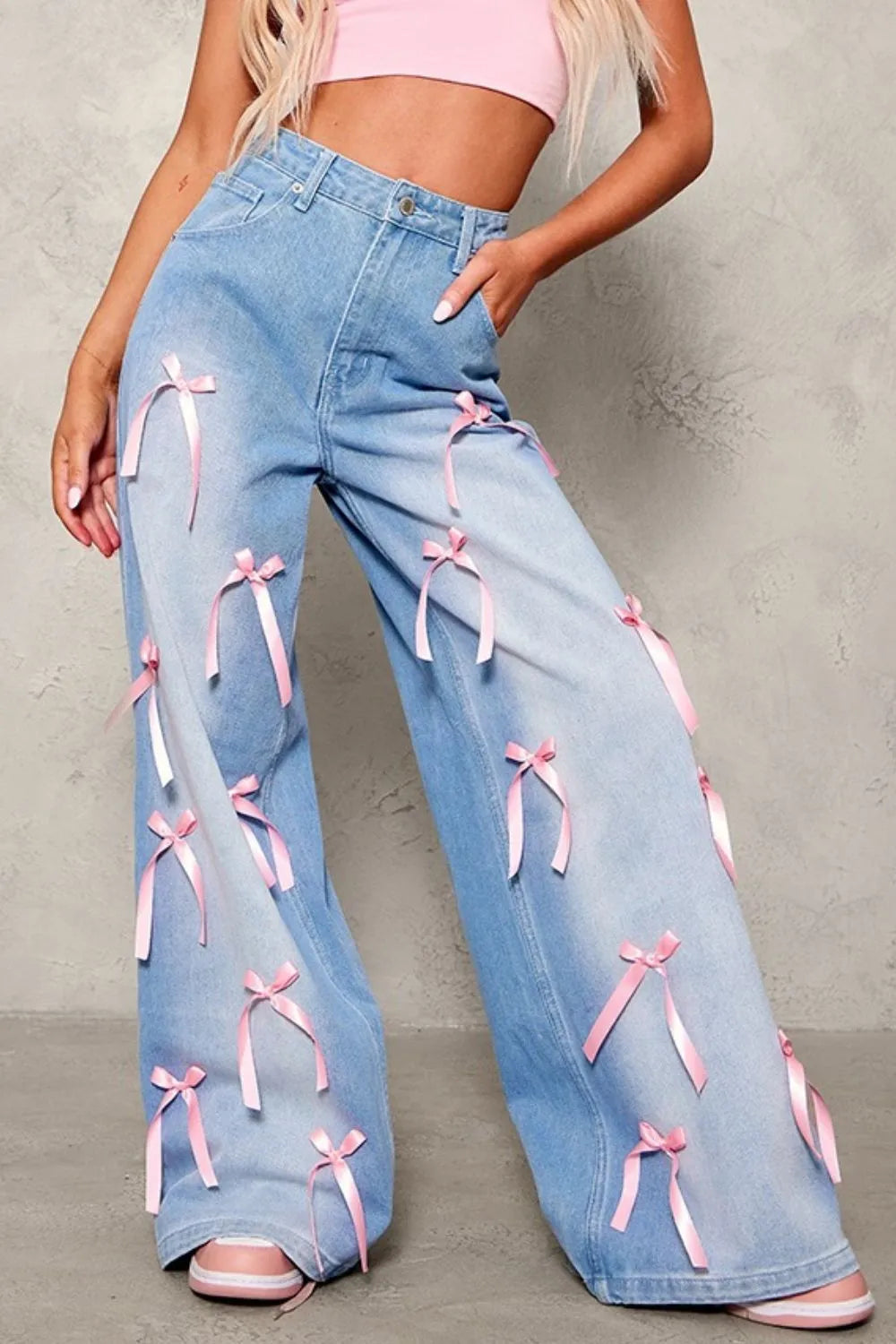 Bow Decorated Wide Leg Denim Jeans