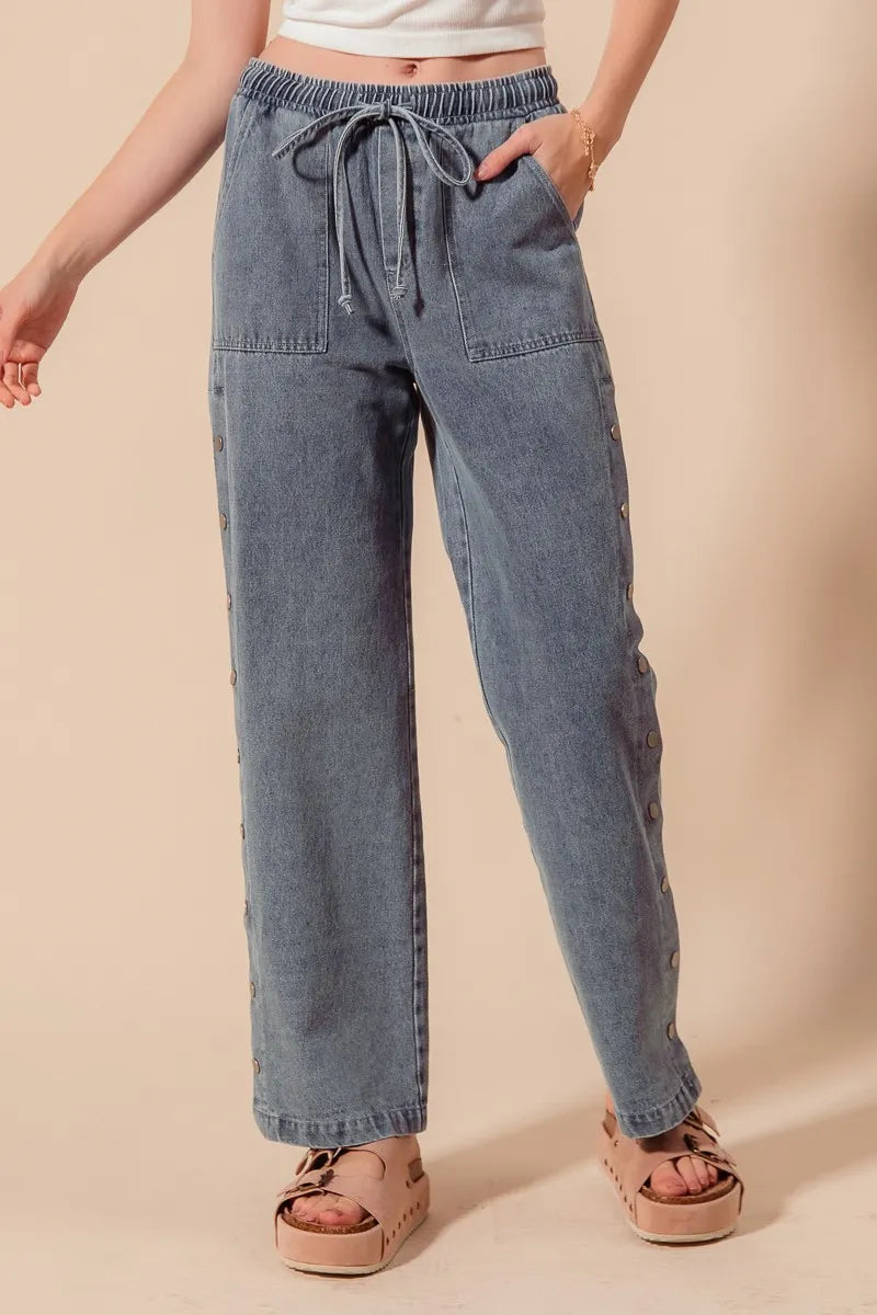 SO ME Mid Rise Drawstring Jeans with Side Snap Button