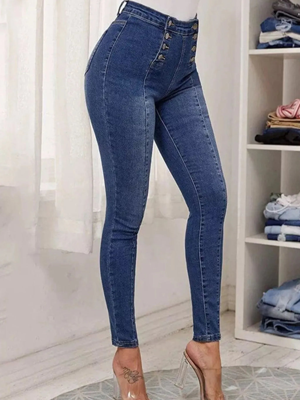 Full Size High-Waisted Double-Breasted Skinny Jeans Plus Size