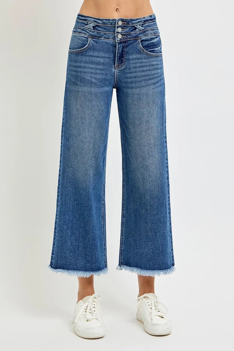 RISEN High Rise Crop Wide Leg Jeans with Wide Band Detail