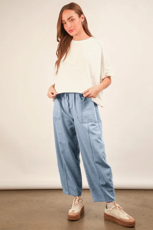 VERY J Washed Chambray Barrel Denim Pants