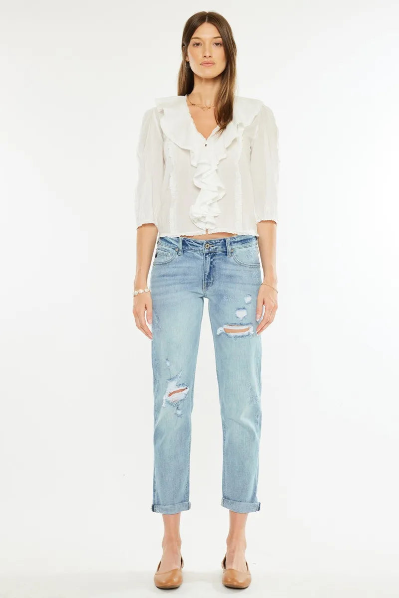 Kancan Mid Rise Distressed Boyfriend Fit Jeans