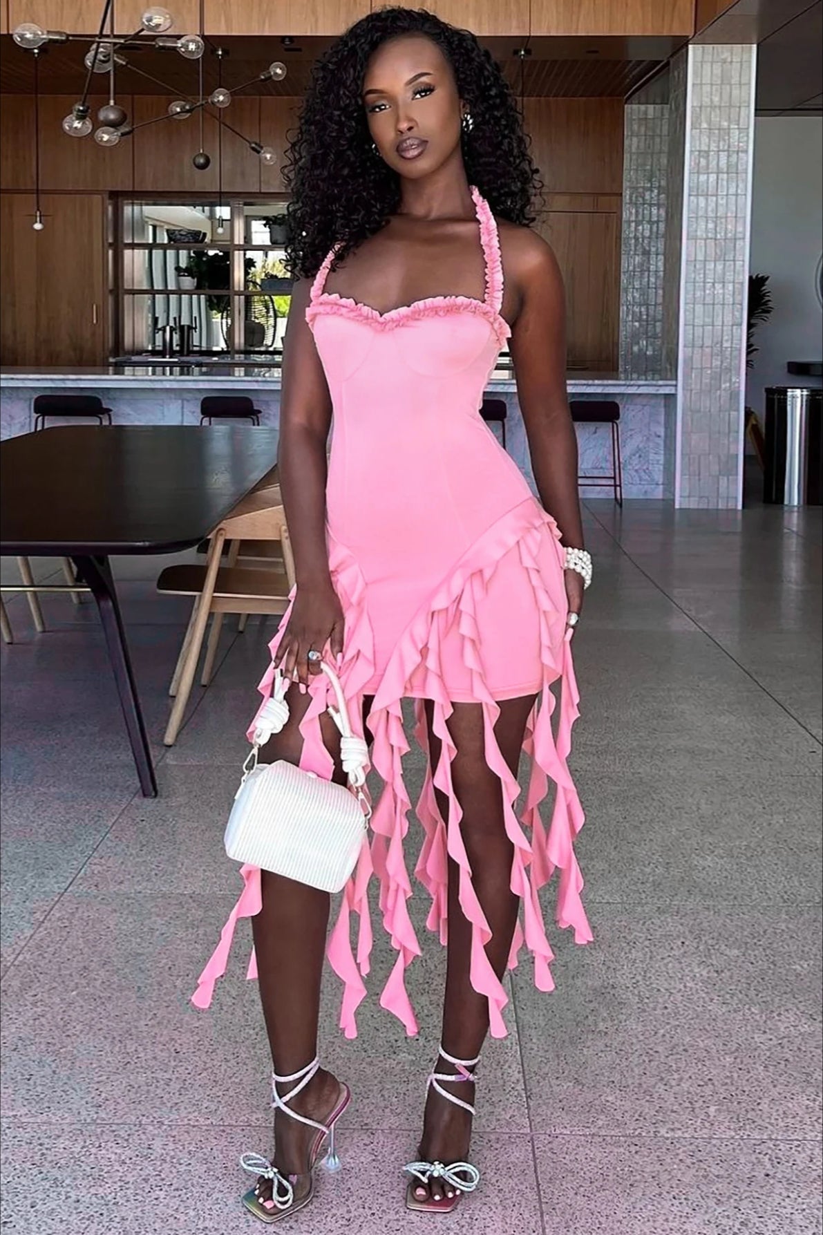 Halter Ruffle Patchwork Mini Dress