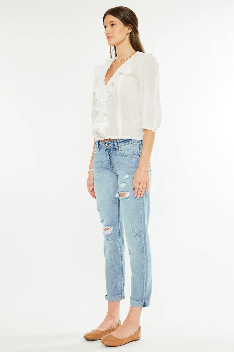 Kancan Mid Rise Distressed Boyfriend Fit Jeans