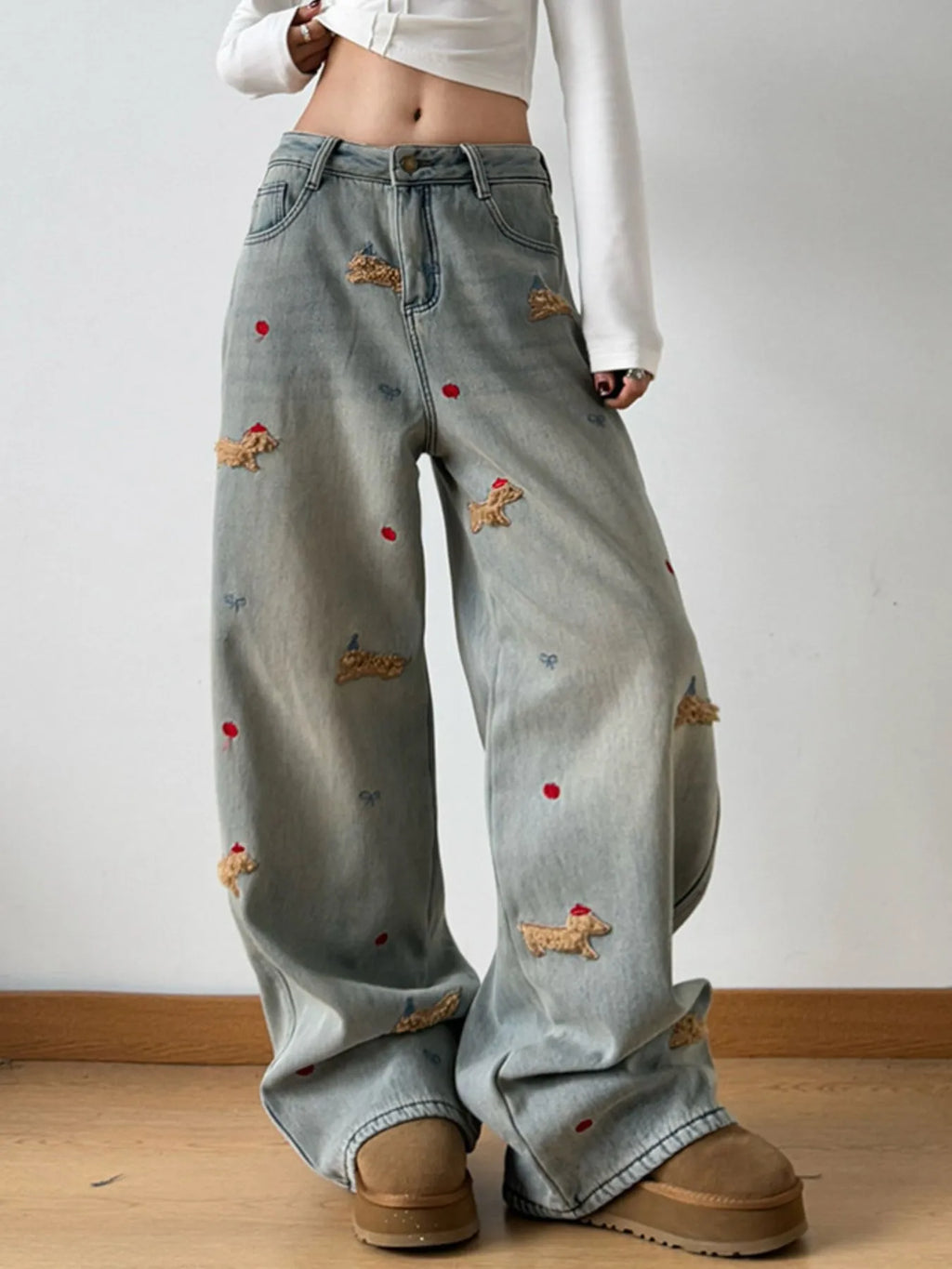 Embroidered Wide Leg Jeans