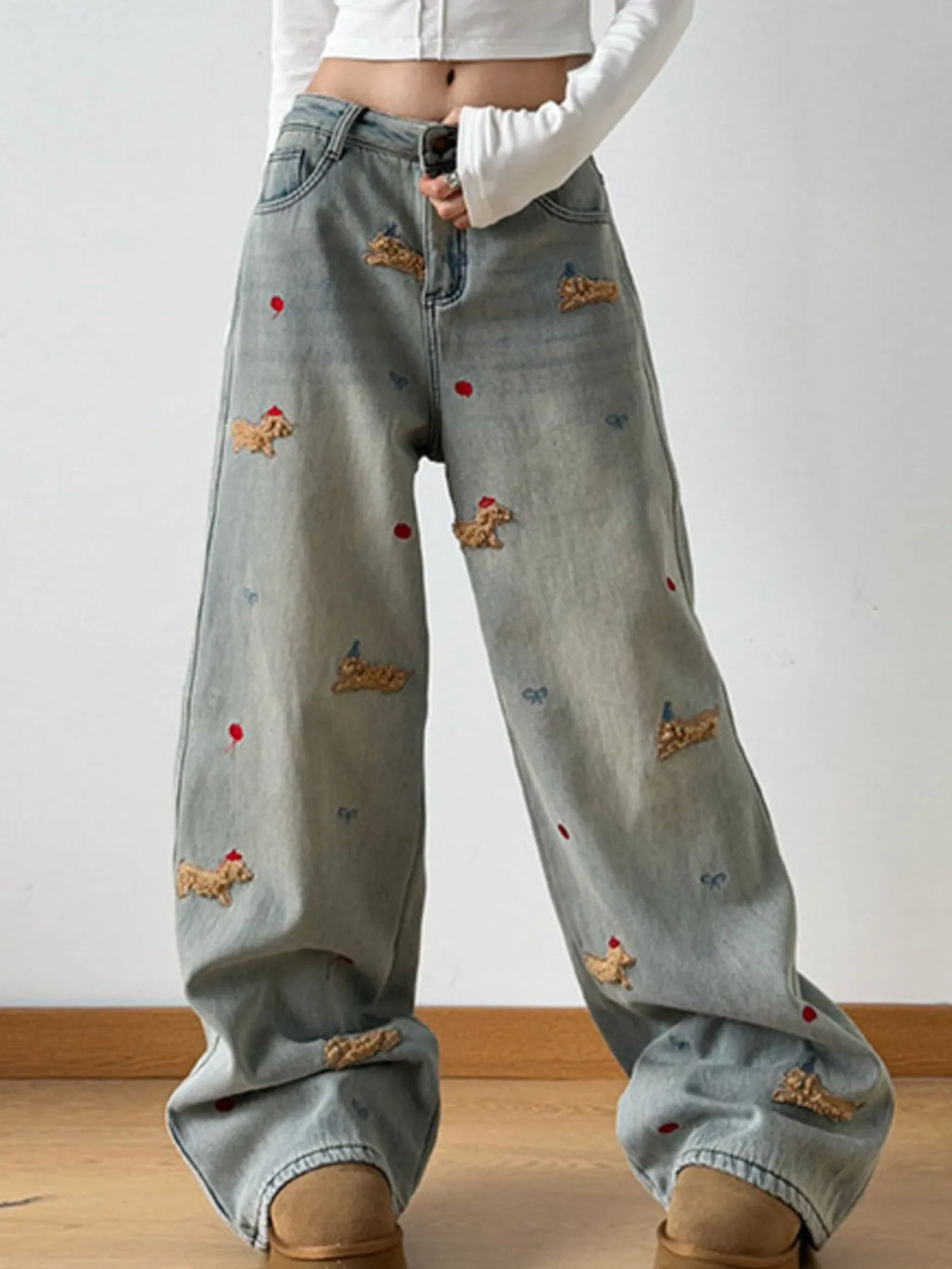Embroidered Wide Leg Jeans