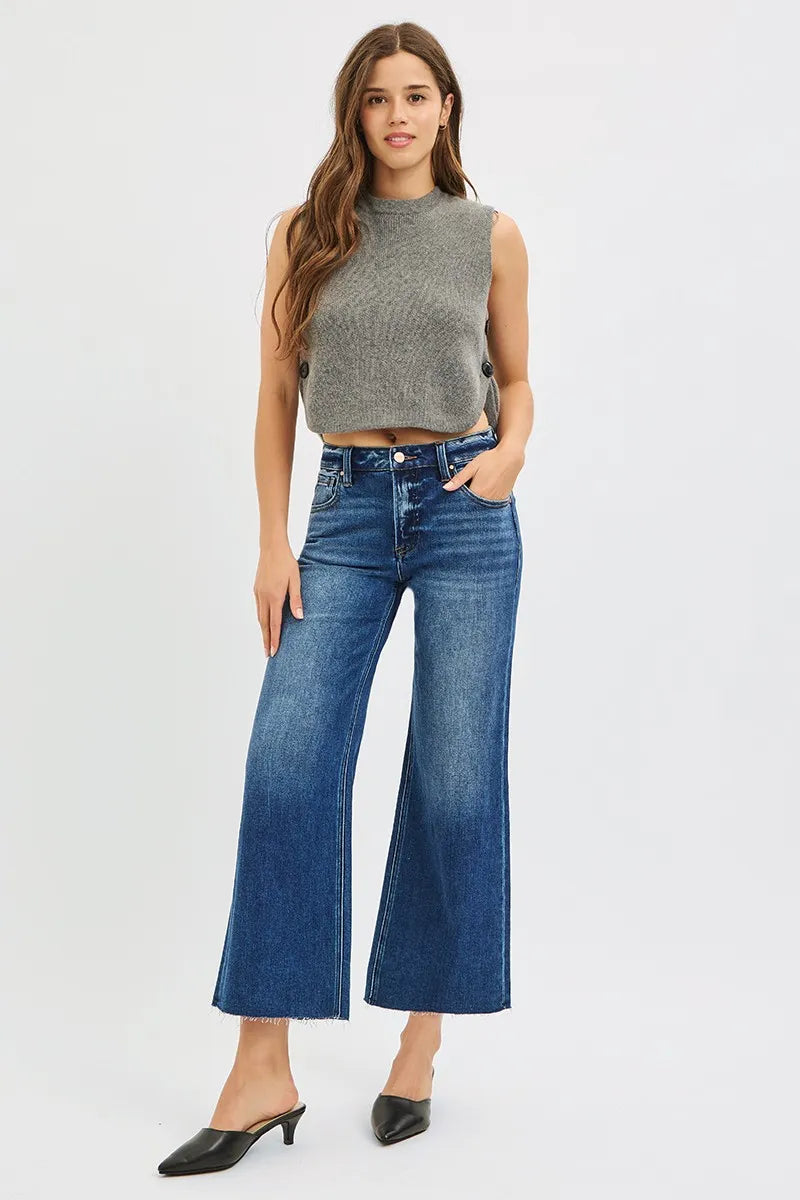 RISEN Full Size Mid Rise Crop Wide Raw Cut Hem Jeans Plus Size