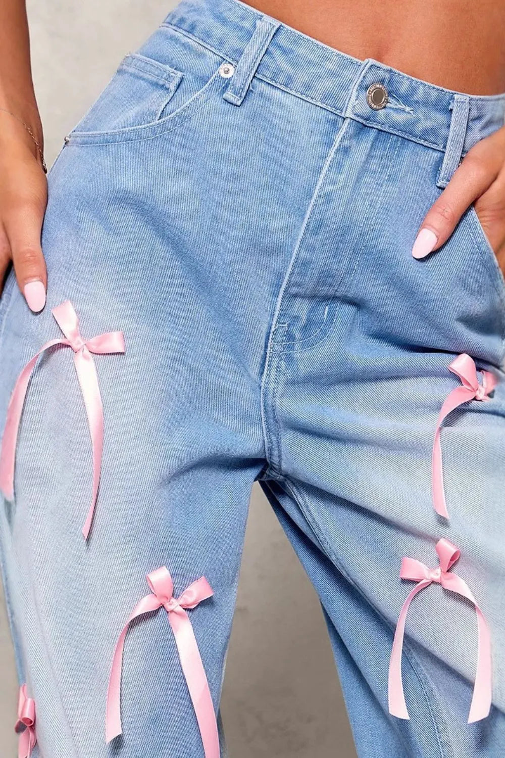 Bow Decorated Wide Leg Denim Jeans