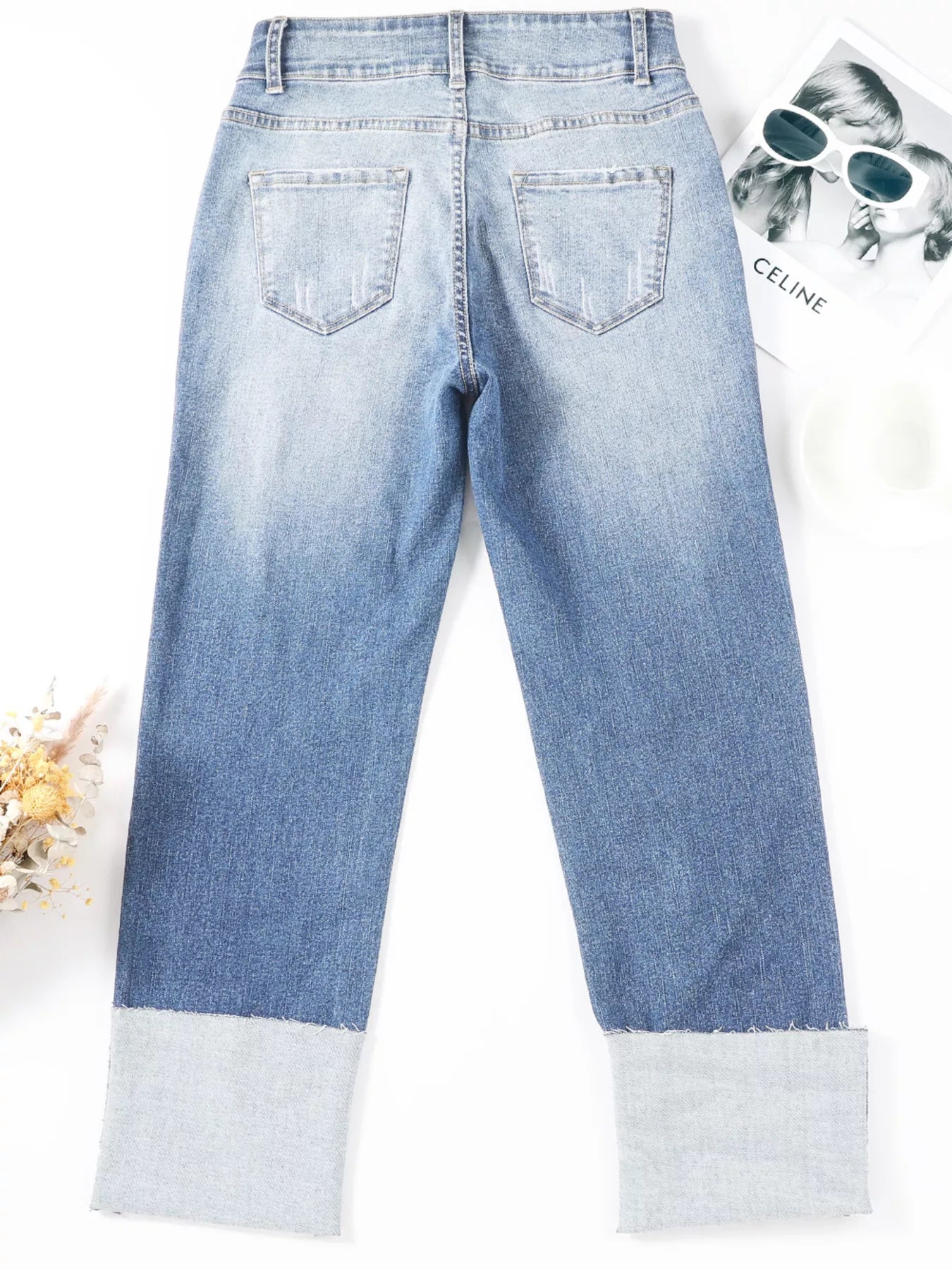 High Waist Distressed Straight Leg Jeans