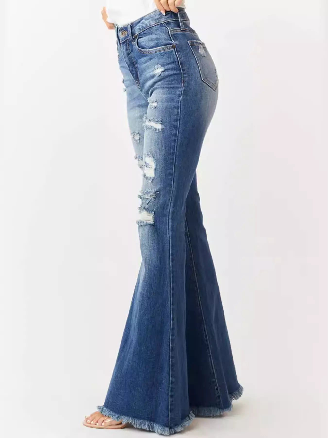 Distressed Raw Hem High-Waisted Flare Jeans