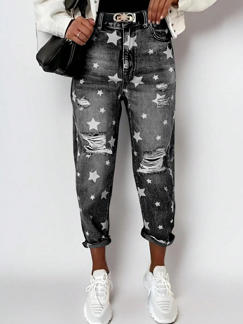 Star Print Distressed High Waist Boyfriend Jeans