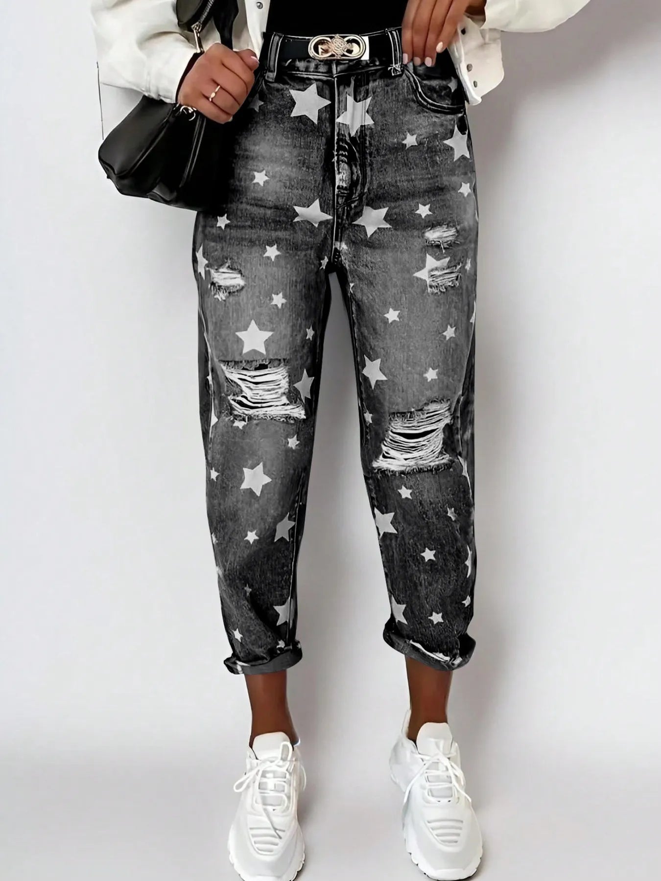 Star Print Distressed High Waist Boyfriend Jeans