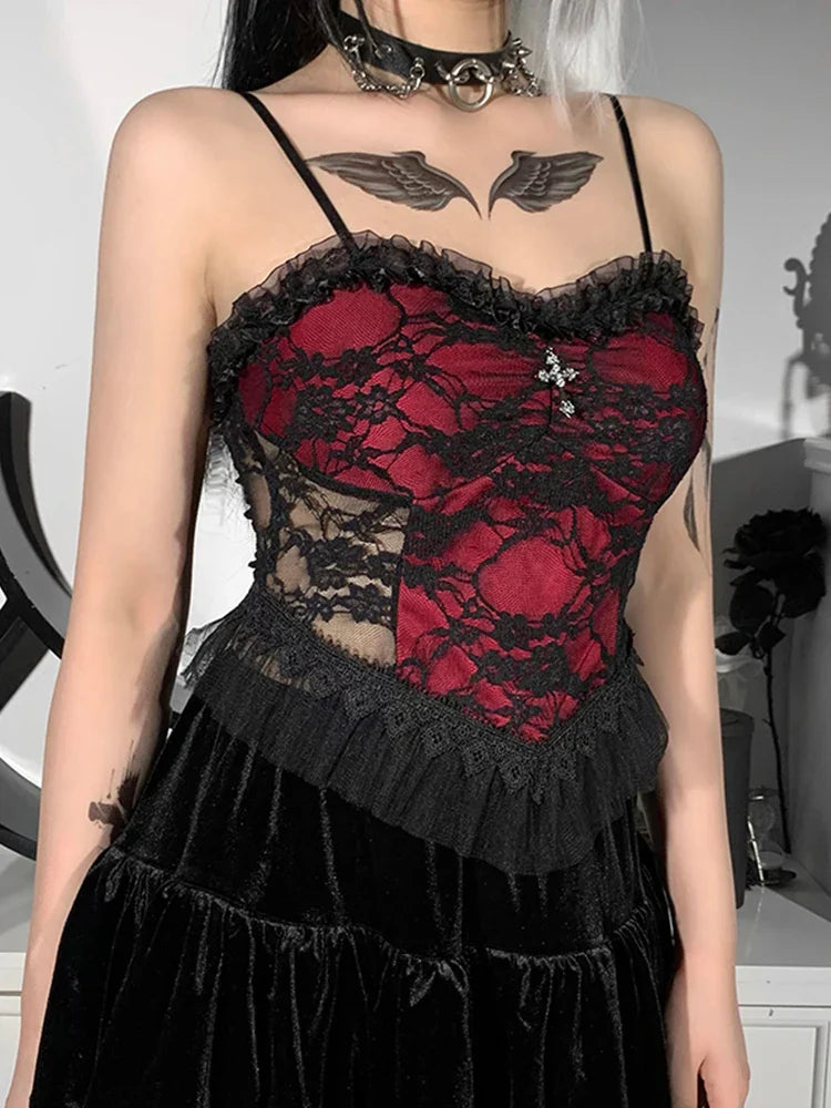 Gothic Y2K Crop See Lace Patchwork Zipper Aesthetic Vintage Through Backless Top