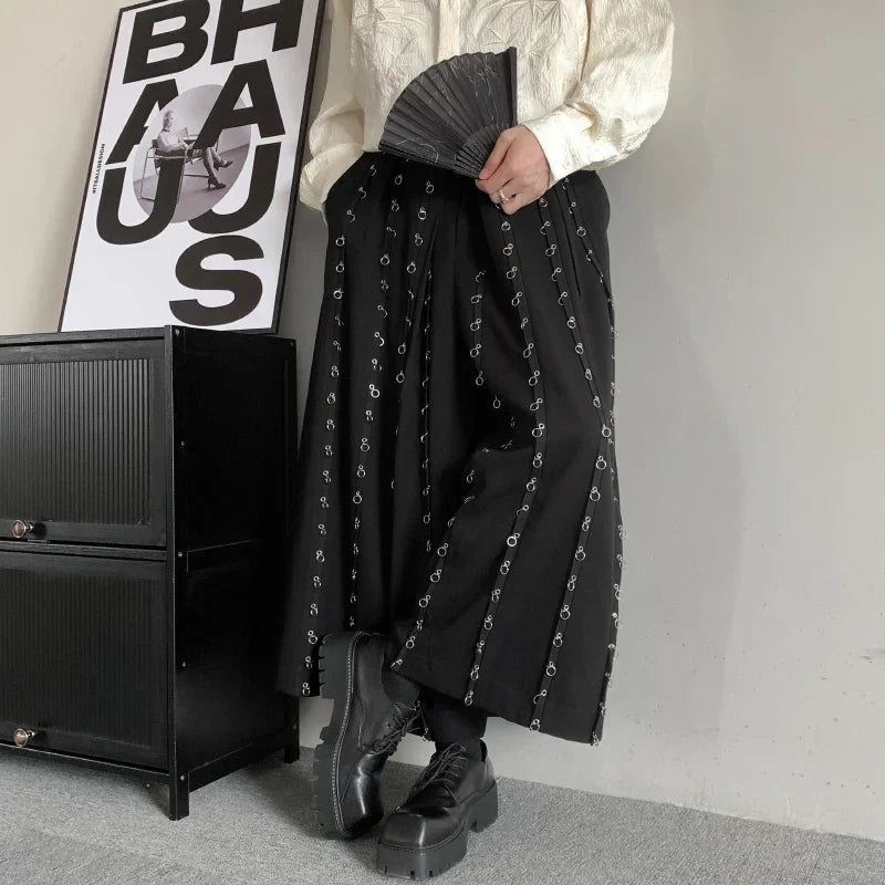 Casual Wide Pants Button Men Metal Patchwork Leg Pants