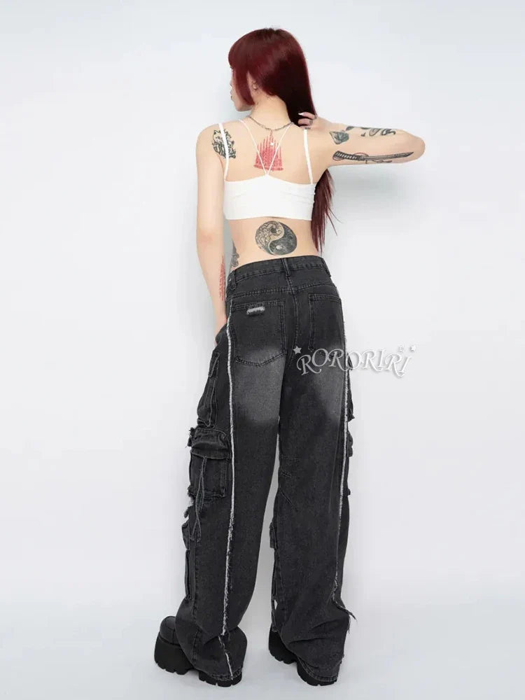 Multi-Pocket High Waist Wide Leg Ripped Vintage Pant