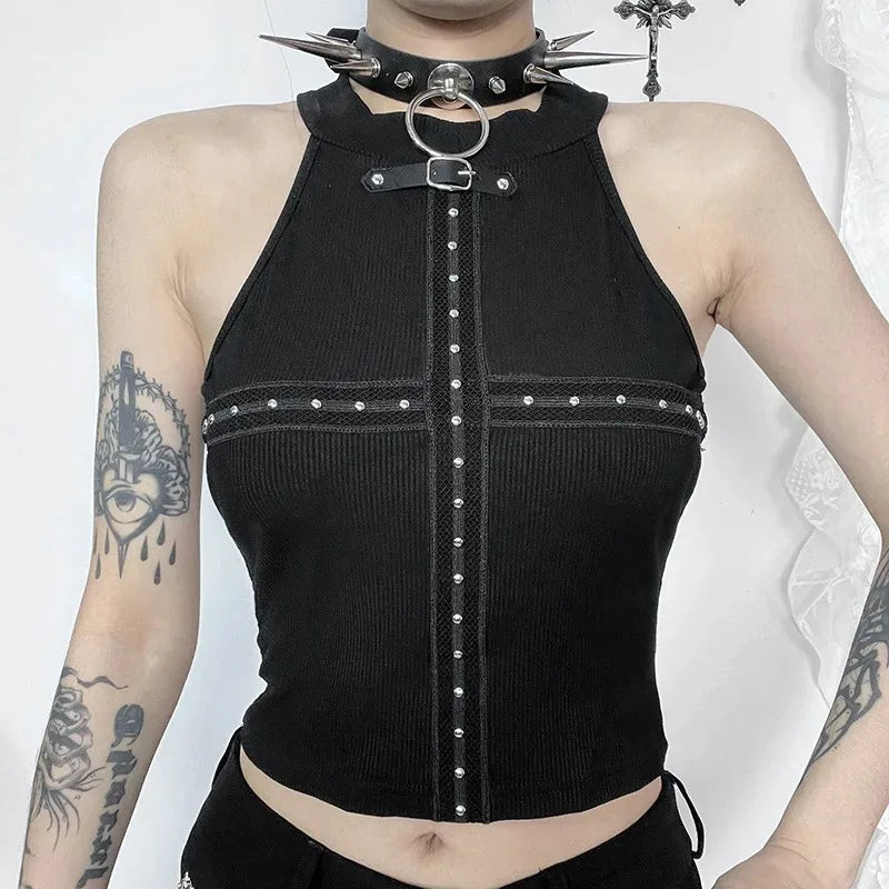 Gothic Dark Rivet Mesh Off Shoulder Sexy Backless Crop Top