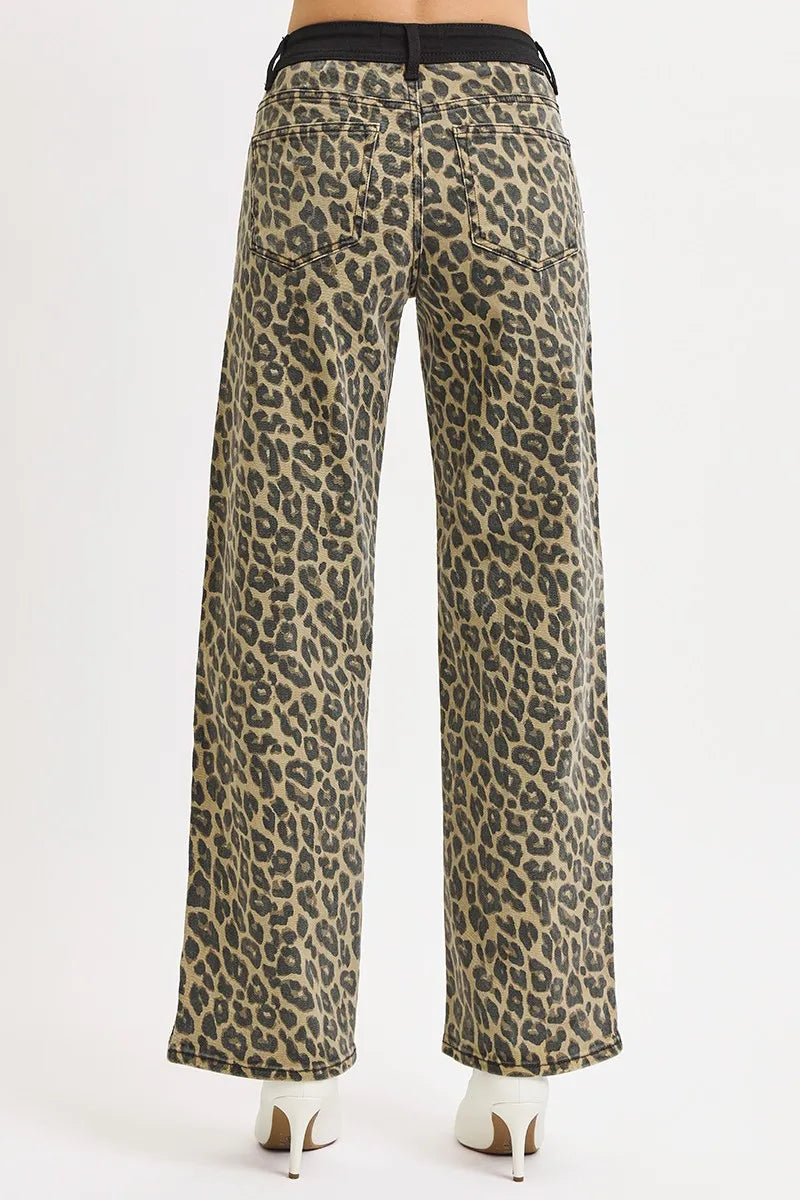 RISEN High Rise Wide Leg Leopard Printed Jeans with Contrast Waist Band Detail