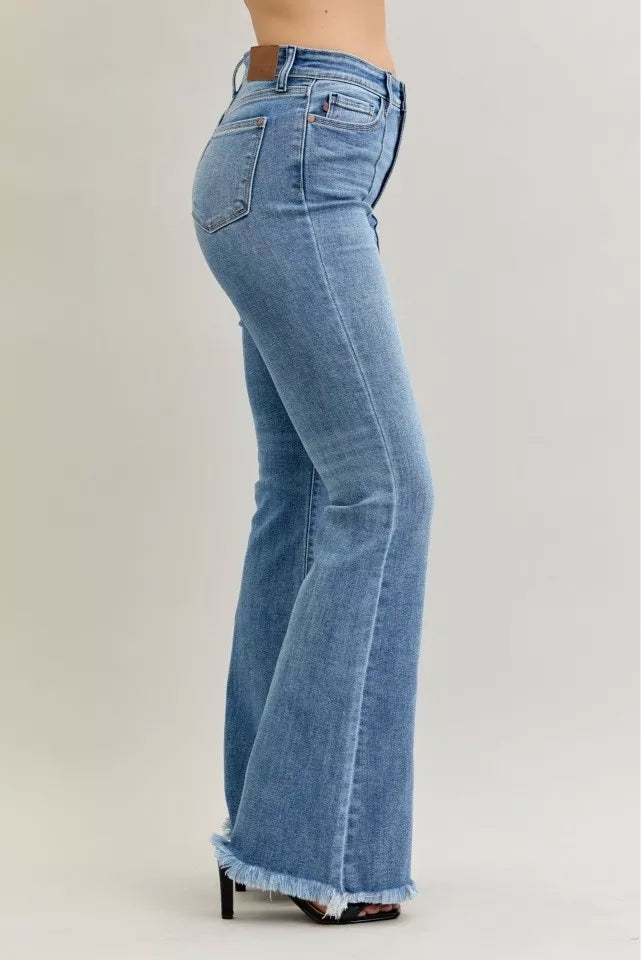 Judy Blue High Waist Flare Fray Hem Jeans with Front Pintuck Detail