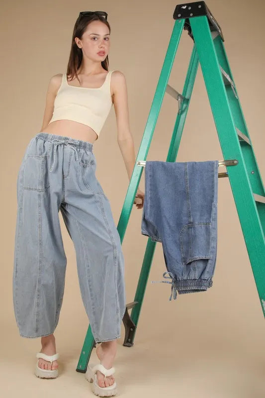 VERY J Washed Chambray Barrel Denim Pants