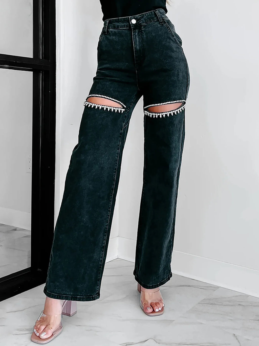Ripped Wide Leg Wash Denim Jeans
