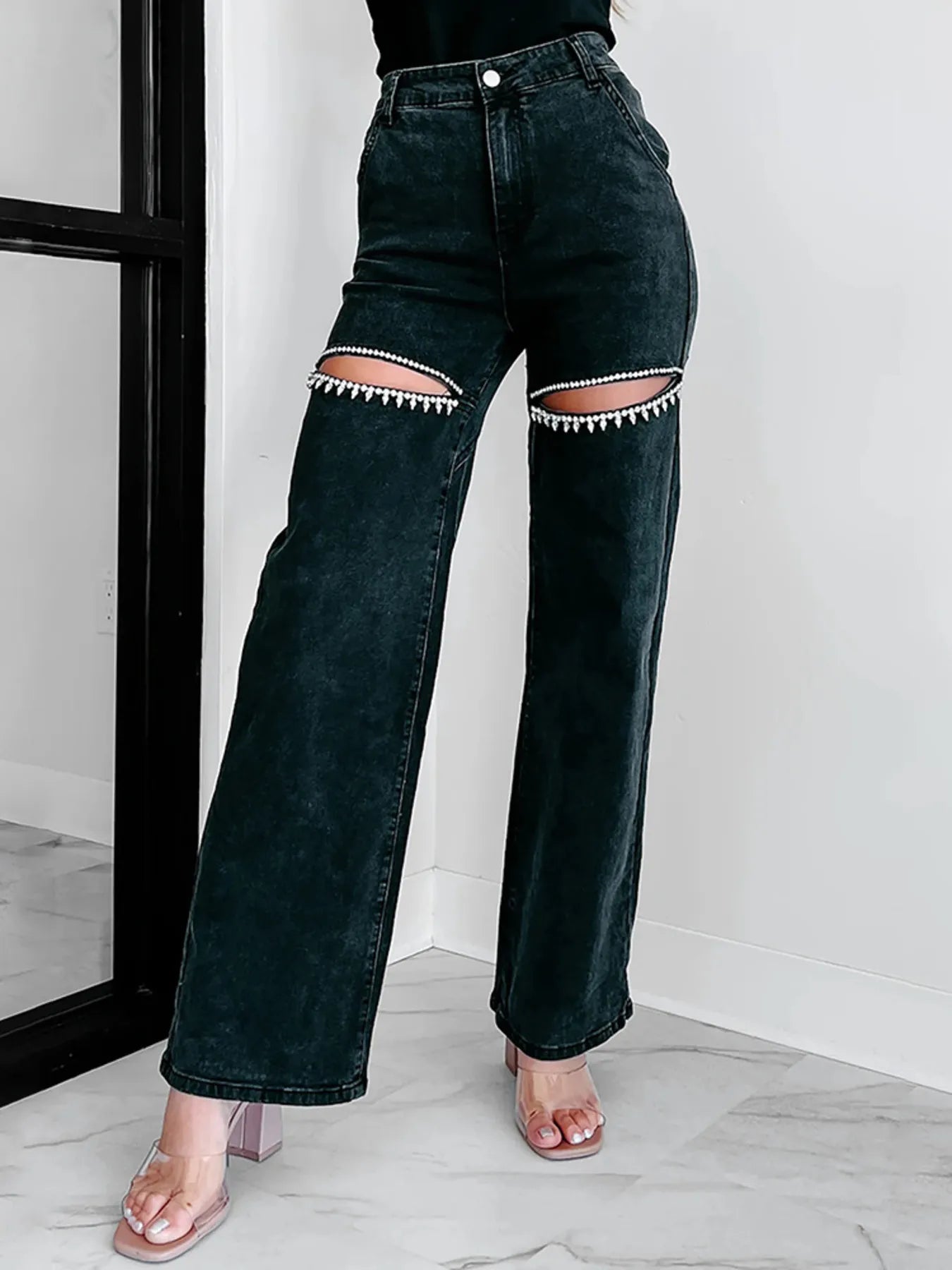 Ripped Wide Leg Wash Denim Jeans