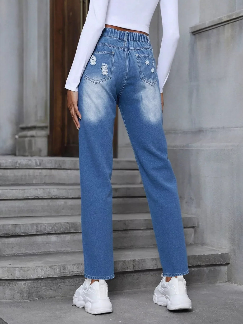 Floral Embroidered High Waist Distressed Jeans