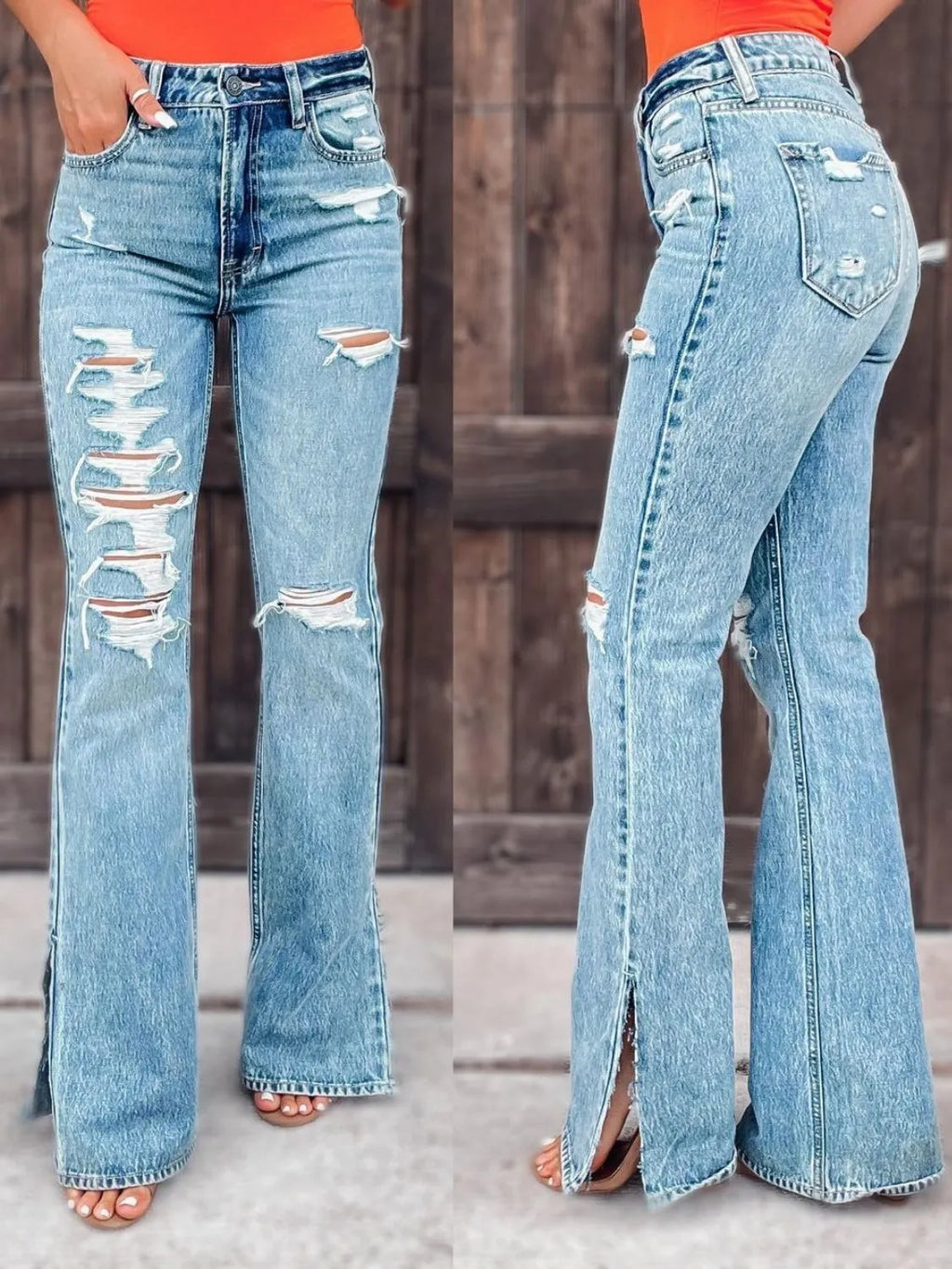 Distressed Slit Bootcut Jeans