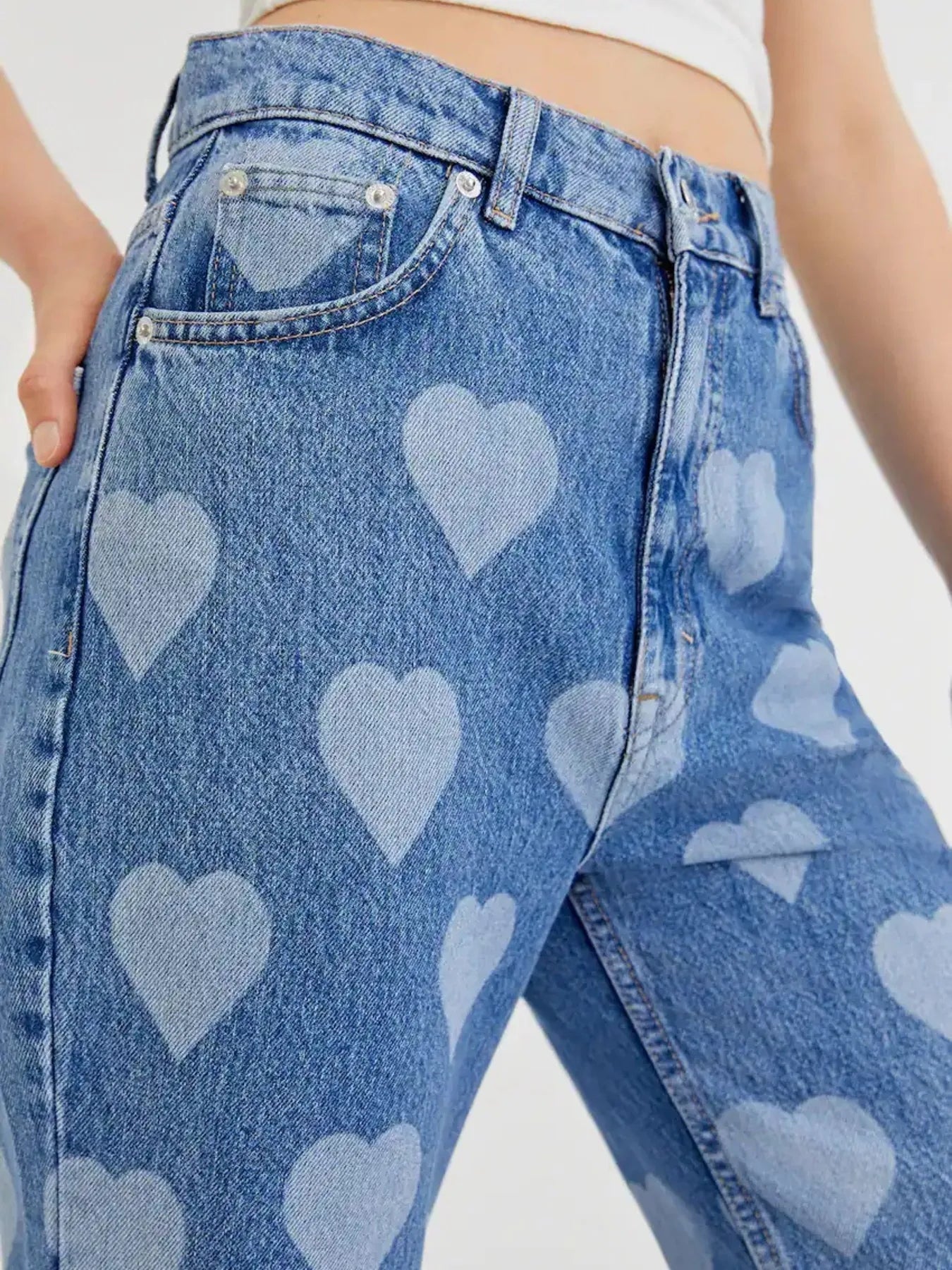 Heart Pattern High-Waist Wide Leg Jeans