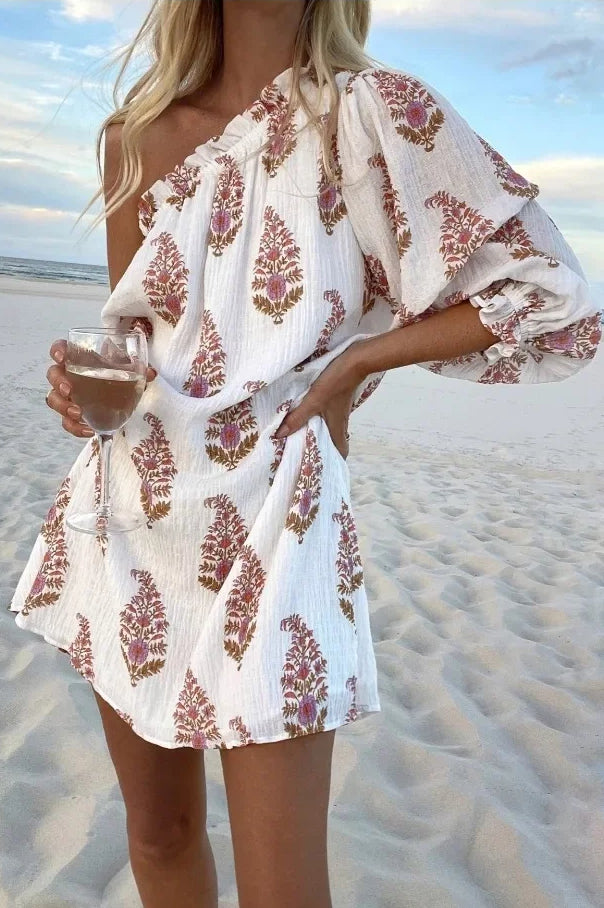 Simple Pleated Plant Print Mini Dress