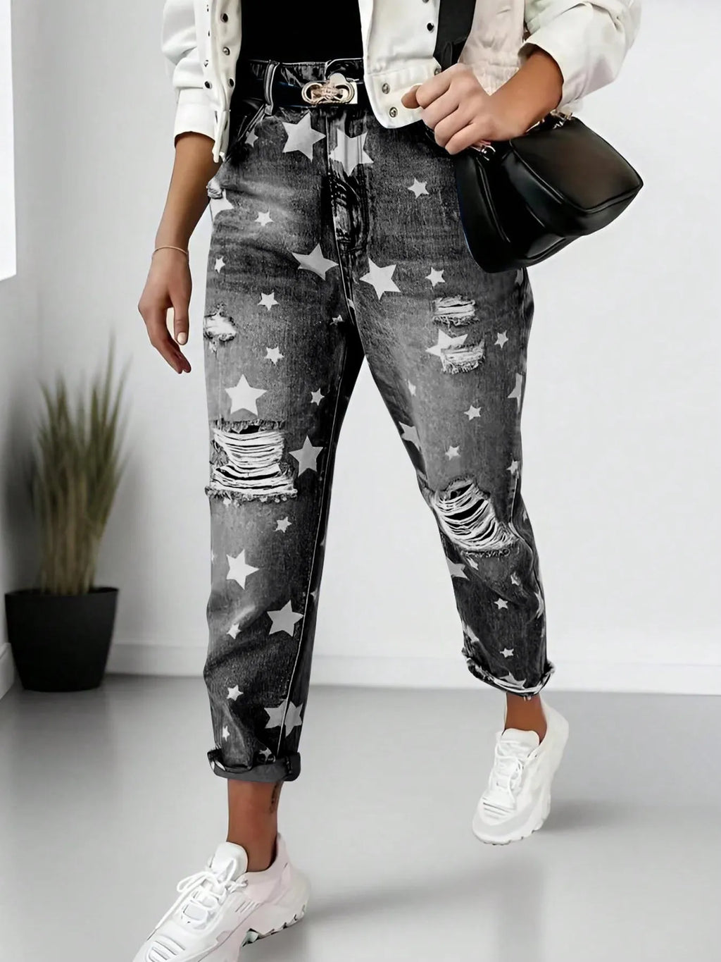 Star Print Distressed High Waist Boyfriend Jeans