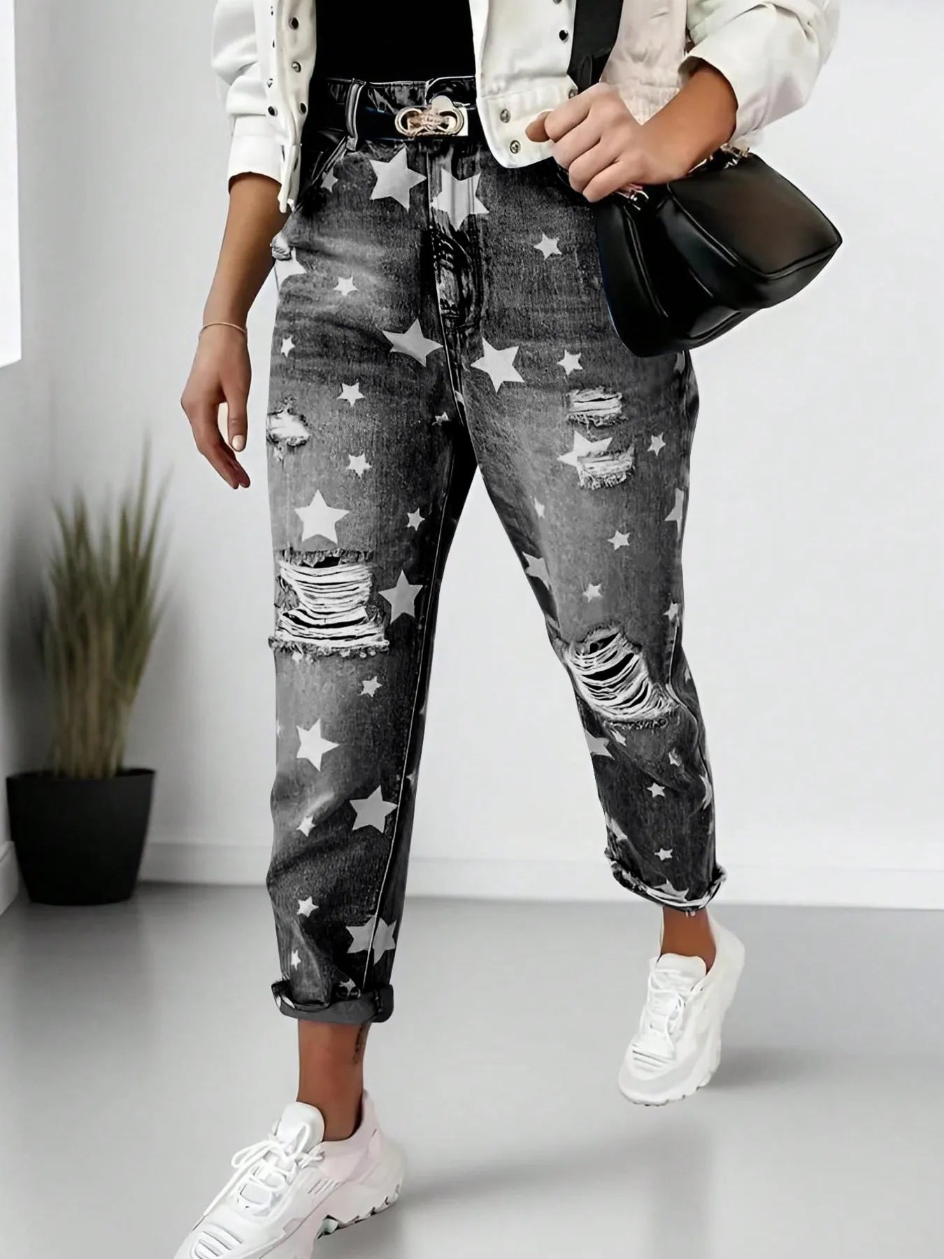 Star Print Distressed High Waist Boyfriend Jeans