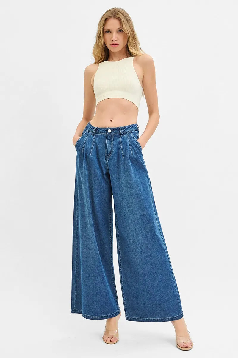 RISEN Mid Rise Fit Wide Leg Knit Denim Look Jeans