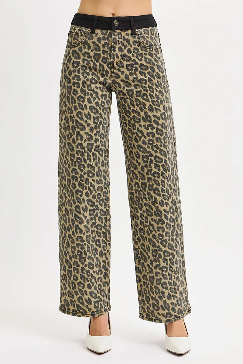 RISEN High Rise Wide Leg Leopard Printed Jeans with Contrast Waist Band Detail