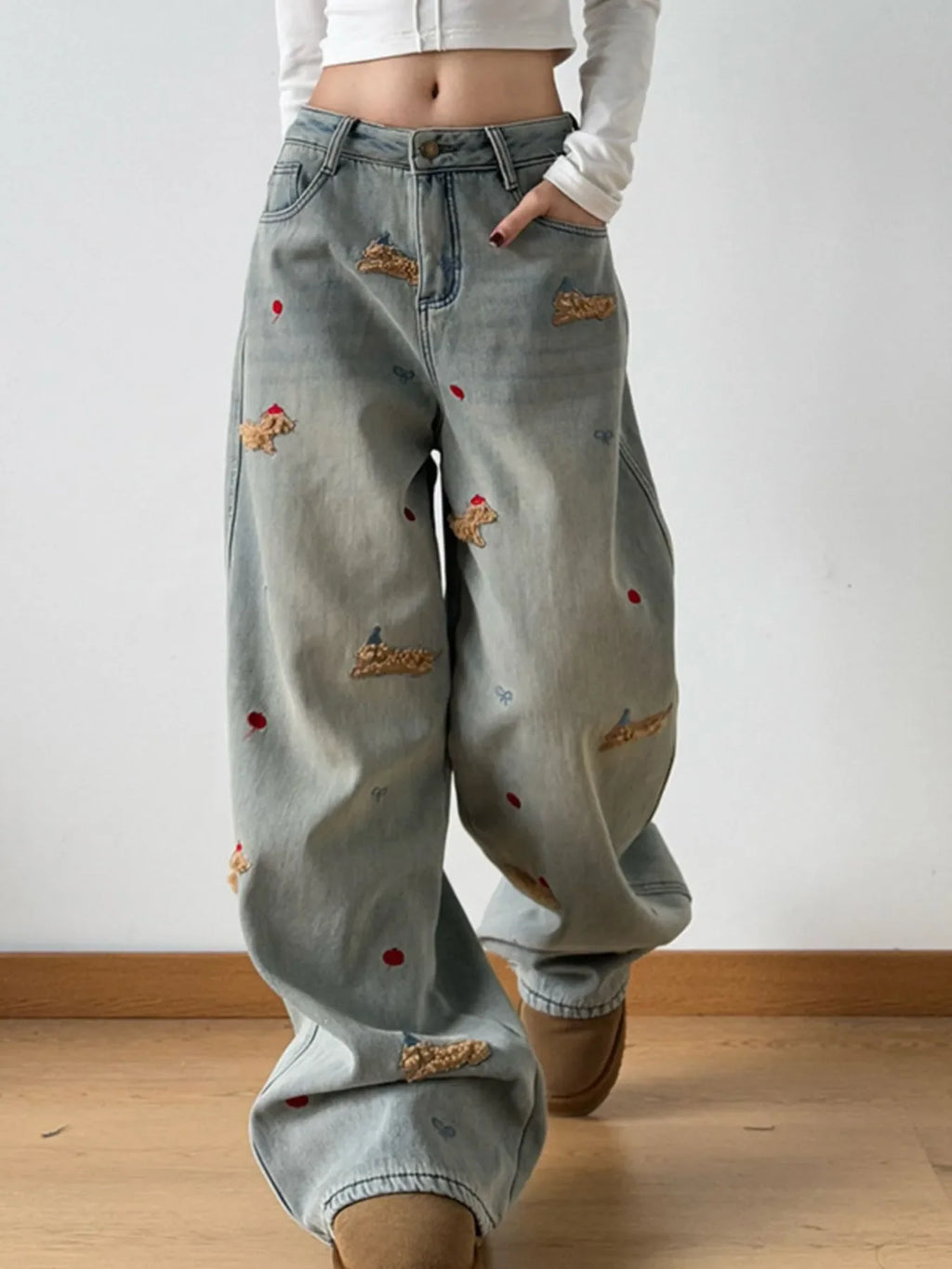 Embroidered Wide Leg Jeans