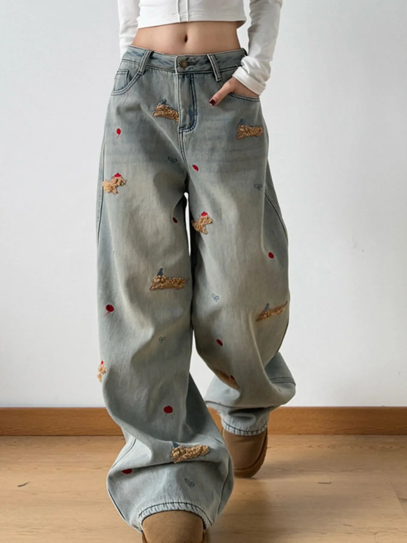 Embroidered Wide Leg Jeans