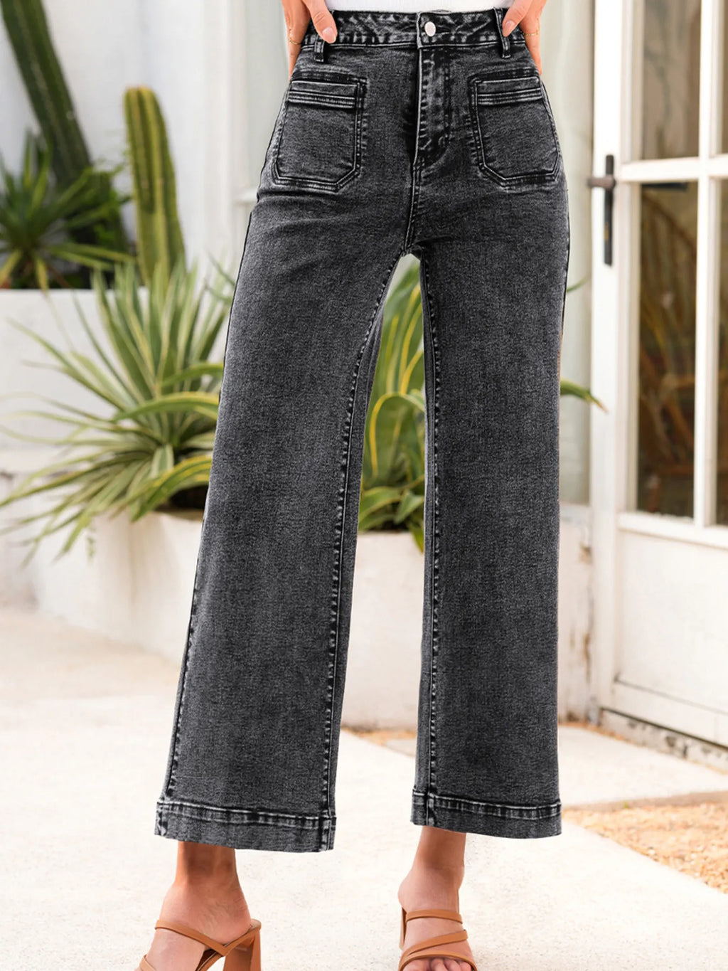High-Waisted Wide Leg Washed Jeans