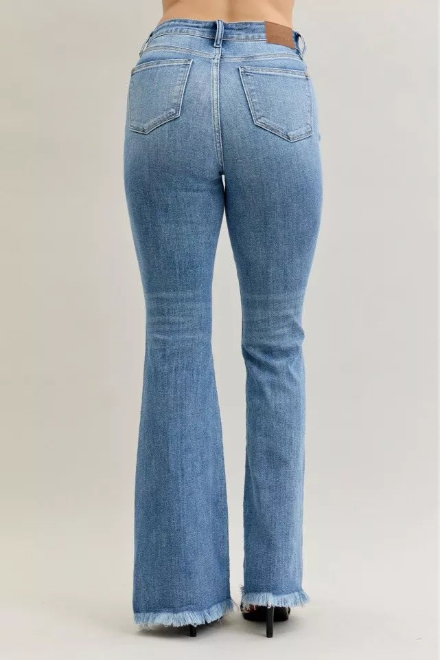 Judy Blue High Waist Flare Fray Hem Jeans with Front Pintuck Detail