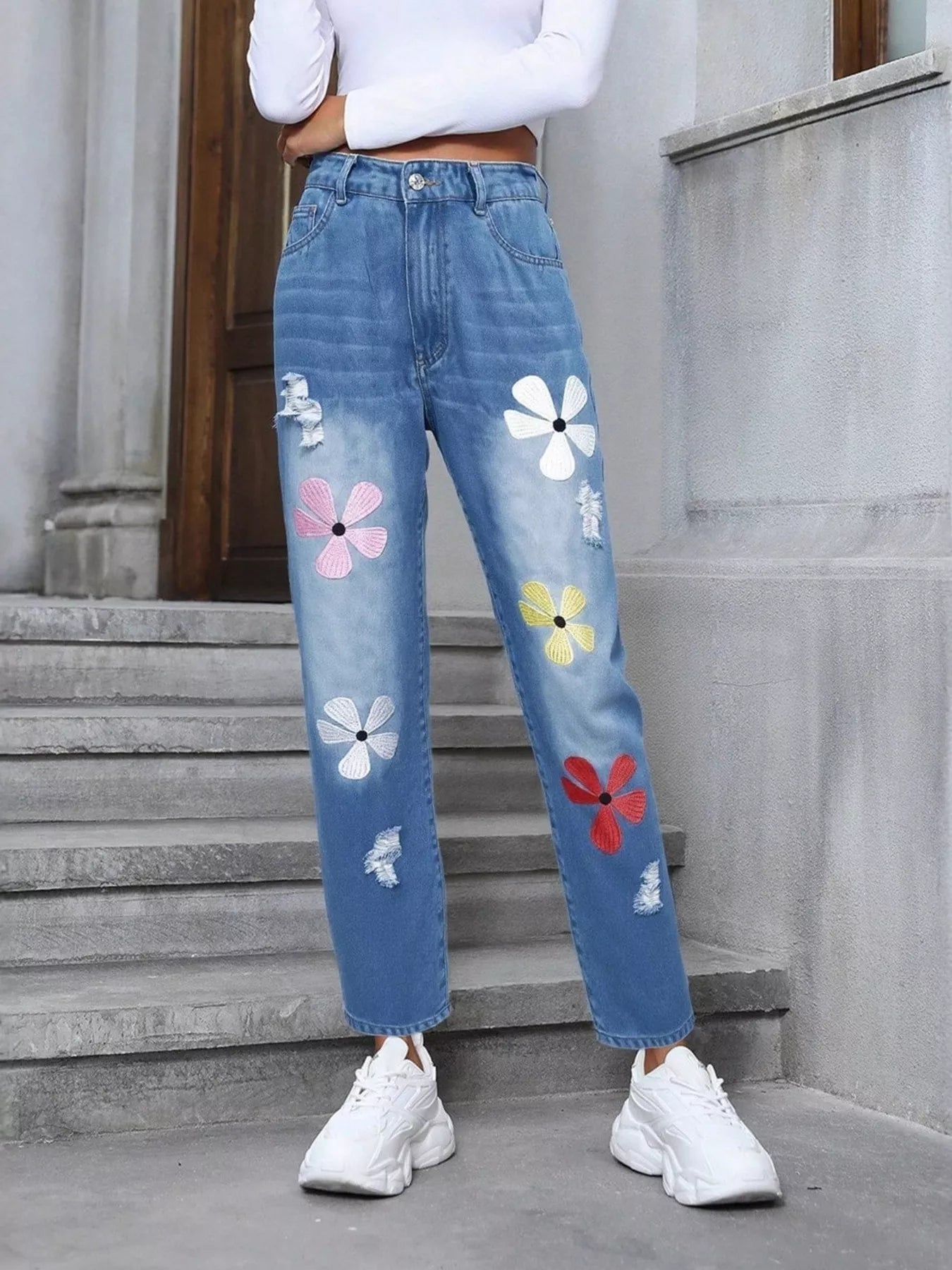 Floral Embroidered High Waist Distressed Jeans
