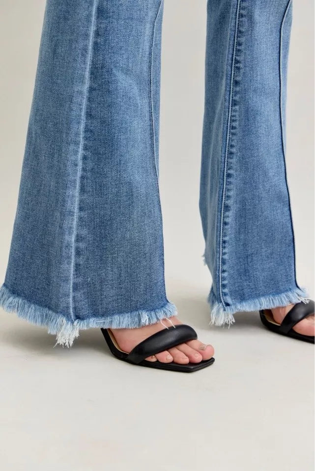 Judy Blue High Waist Flare Fray Hem Jeans with Front Pintuck Detail