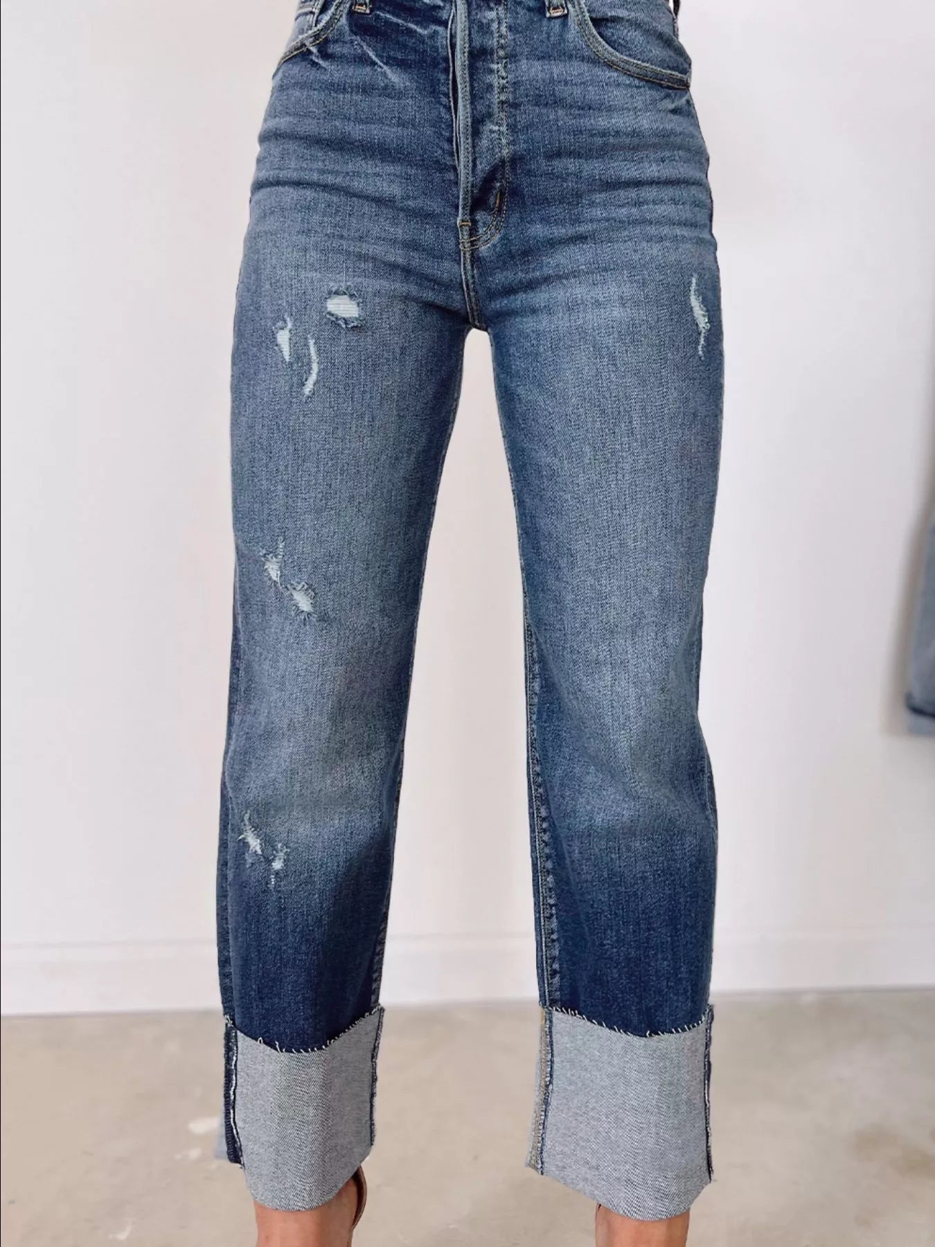 High Waist Distressed Straight Leg Jeans